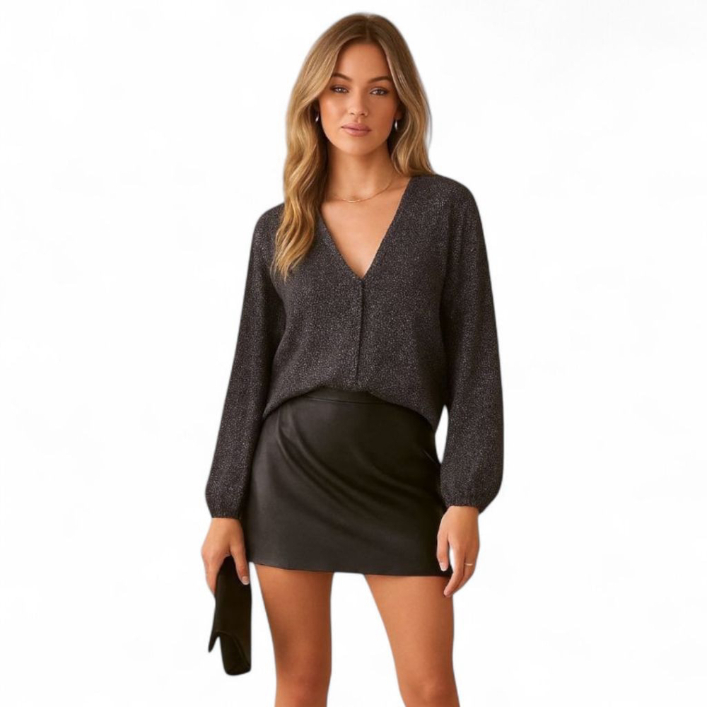 Lovers + Friends Black Silky Polka Dot Long Puff Sleeve Blouse Sz S